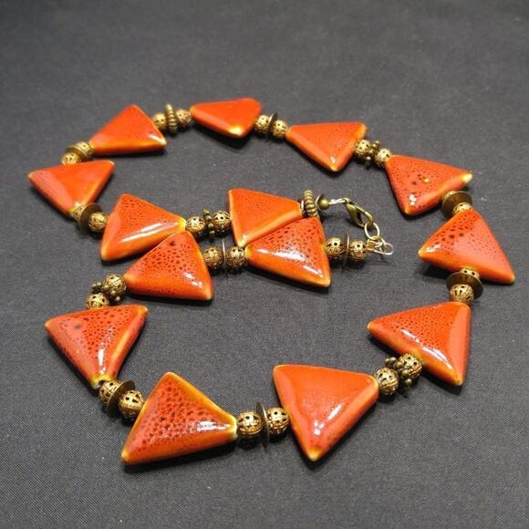 Artisan Ceramic Triangle Bead Necklace Red Orange with Copper Filigree Accents - Picture 6 of 7